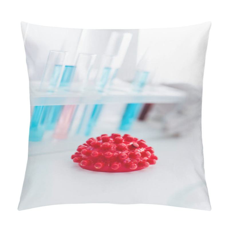 Personality  Close Up View Of Coronavirus Bacteria Model Near Test Tubes On Blurred Background Pillow Covers