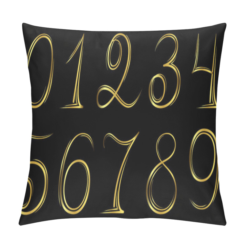 Personality  Numbers Set 0-9 In Hand Drawn Calligraphy Style In Gold On A Black Background. Vector Design Template Elements Pillow Covers