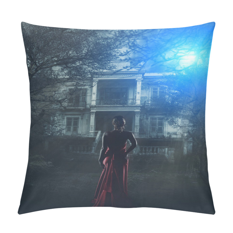 Personality  Woman In Red Dress At Haunted House Pillow Covers