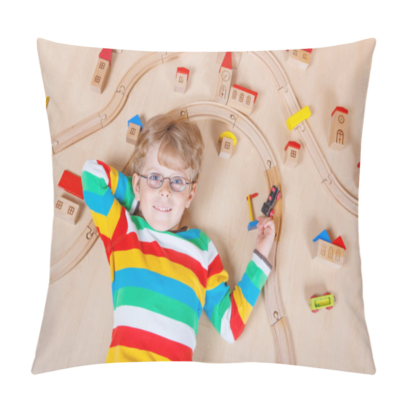 Personality  Little Blond Child Playing With Wooden Railroad Trains Indoor Pillow Covers