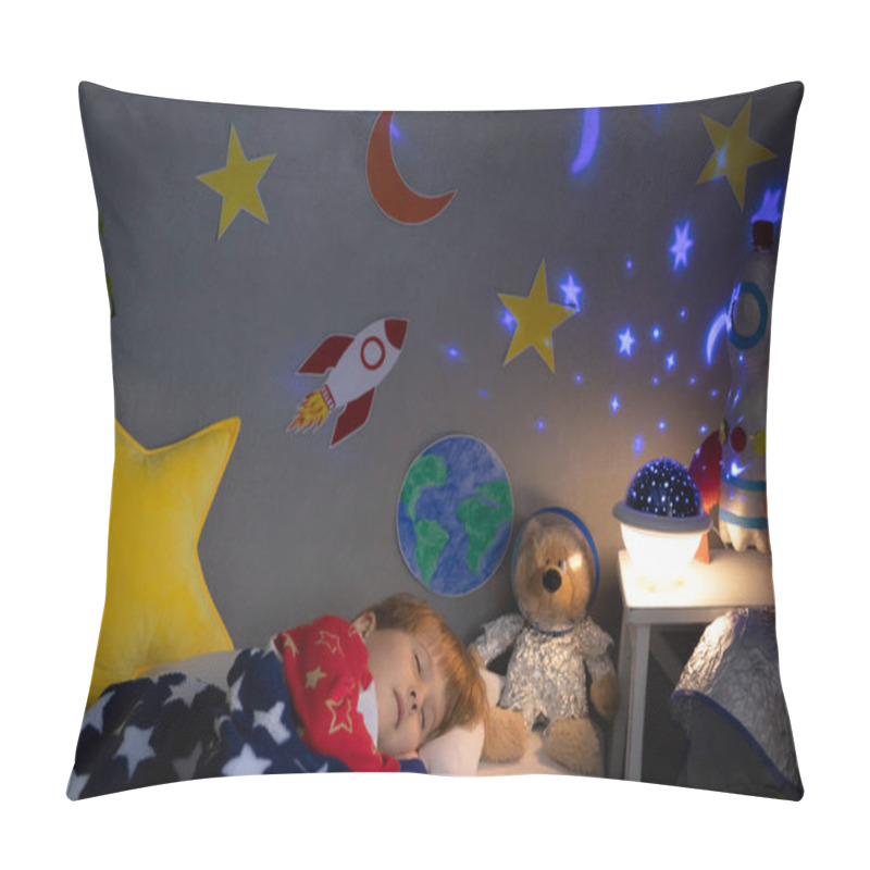 Personality  Happy Child Sleeping With Toy Rocket And Teddy Bear. Kid Pretend To Be Astronaut. Imagination And Children Dream Concept Pillow Covers