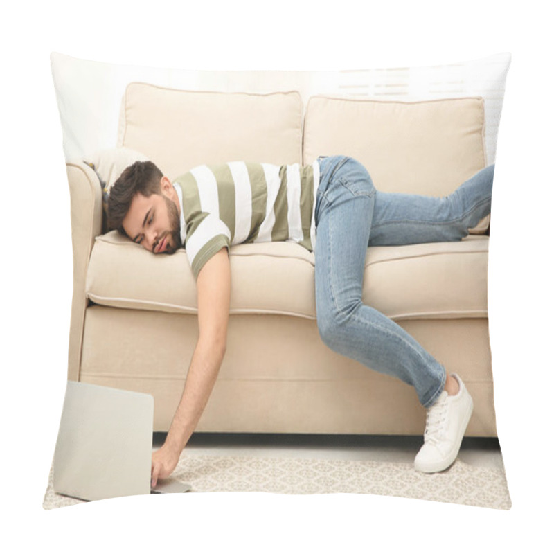 Personality  Lazy Young Man Using Laptop While Lying On Sofa At Home Pillow Covers