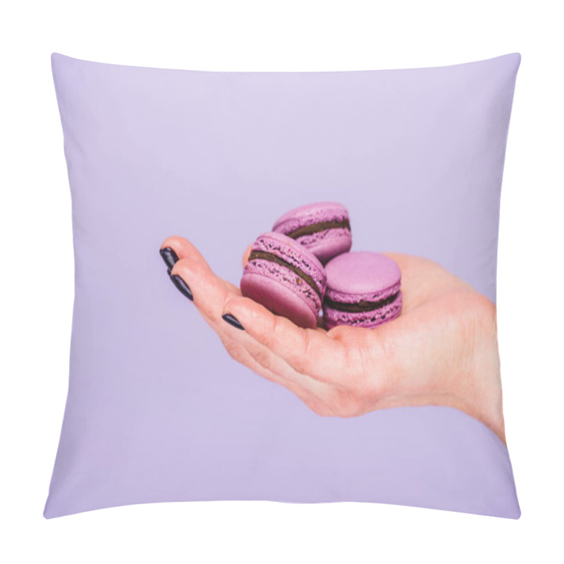 Personality  Female Hand With Macarons Isolated On Violet Pillow Covers