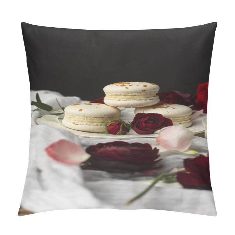 Personality  Three Macaroons Pastry Lying On A Plate Surrounded By Rose Bloss Pillow Covers