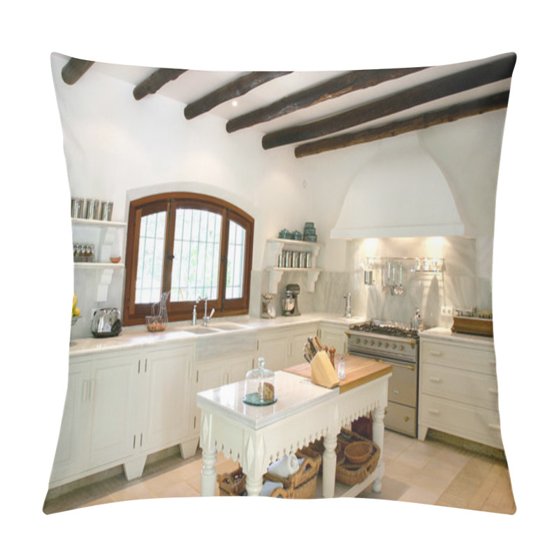 Personality  Kitchen Interior Of Large Spanish Villa. With Wooden Rafters On Pillow Covers