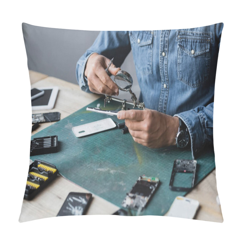 Personality  Cropped View Of Repairman Holding Disassembled Part Of Cellphone Near Magnifier At Workplace On Blurred Foreground Pillow Covers