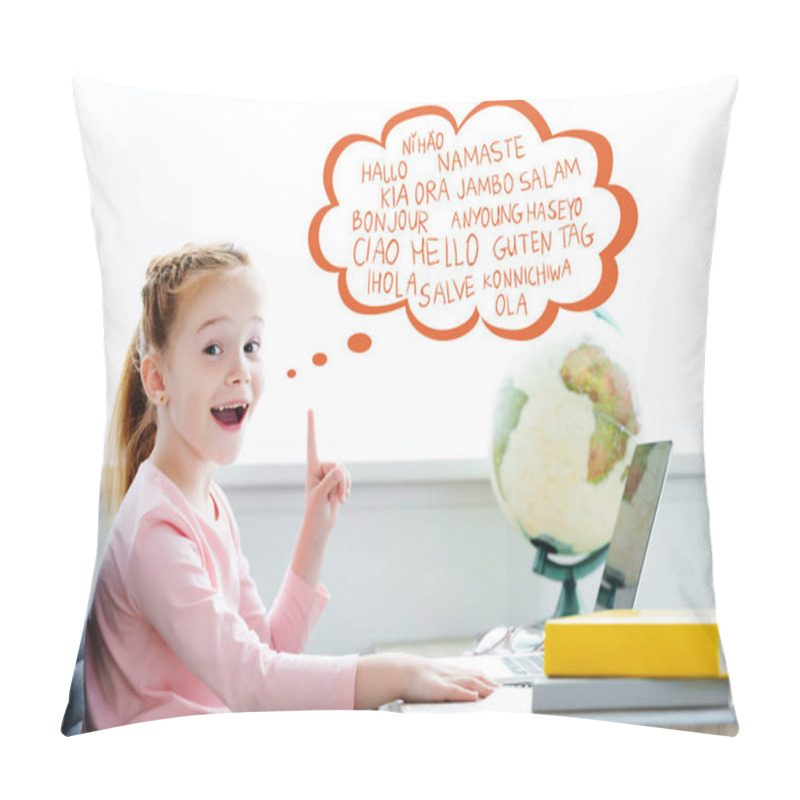 Personality  Redhead Schoolchild Studying With Books And Laptop And Pointing Up On Words On Different Languages In Speech Bubble  Pillow Covers