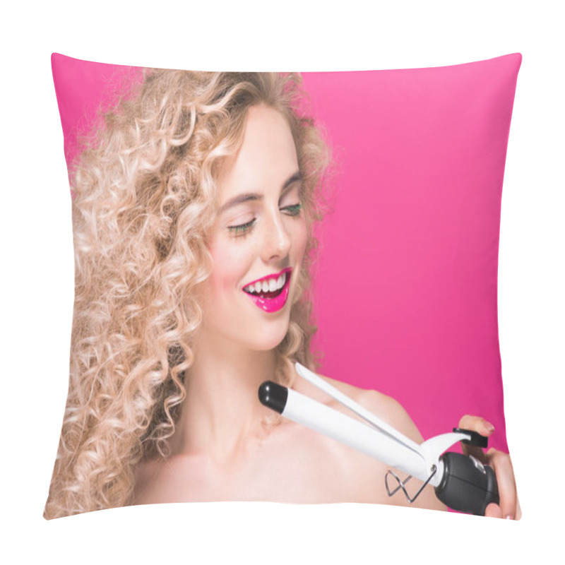 Personality  Beautiful Smiling Naked Woman Holding Hair Curler Isolated On Pink Pillow Covers