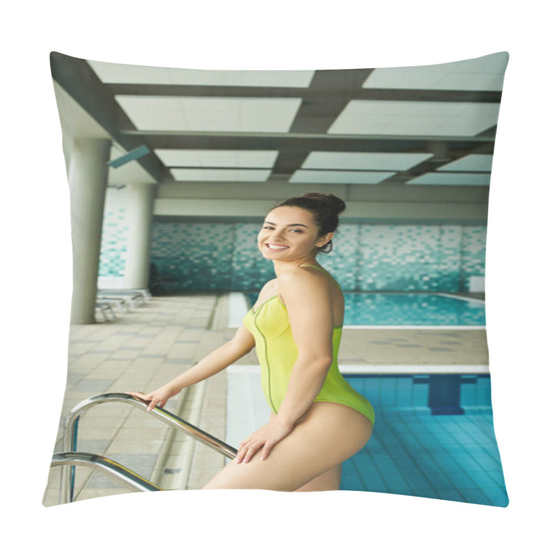 Personality  A Stunning Brunette Woman In A Yellow Swimsuit Stands Gracefully Next To An Indoor Spa Swimming Pool. Pillow Covers