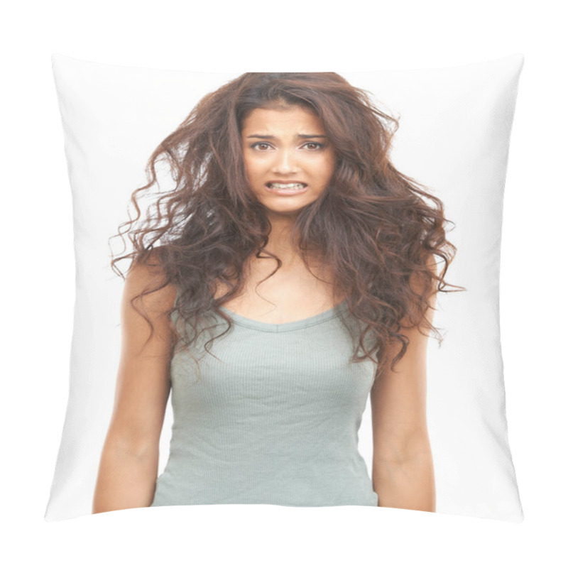 Personality  Need A Hairdresser. A Beautiful Woman Looking At The Camera Looking Perturbed By Her Damaged Hair. Pillow Covers