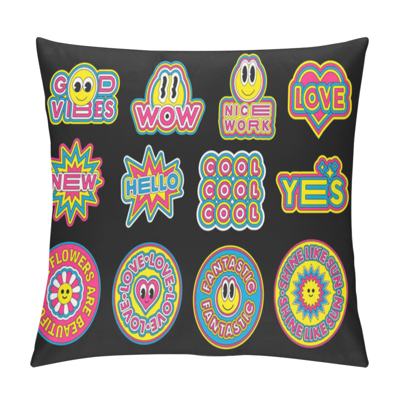 Personality  Set Of Pop Art Stickers Vector Design. Cool Trendy Emoticon Smile Patches. Cute Badges. Pillow Covers