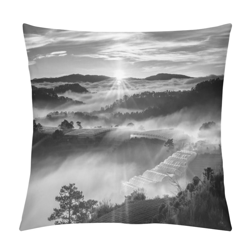 Personality  Sunrise Over Hillside As The Sun Rising From Horizon Reflect Light Bright Yellow Sky. Below Cloudy Mist Covered Valleys Flooded Pine Forests Create Impressive Beauty Highlands In Morning. Pillow Covers