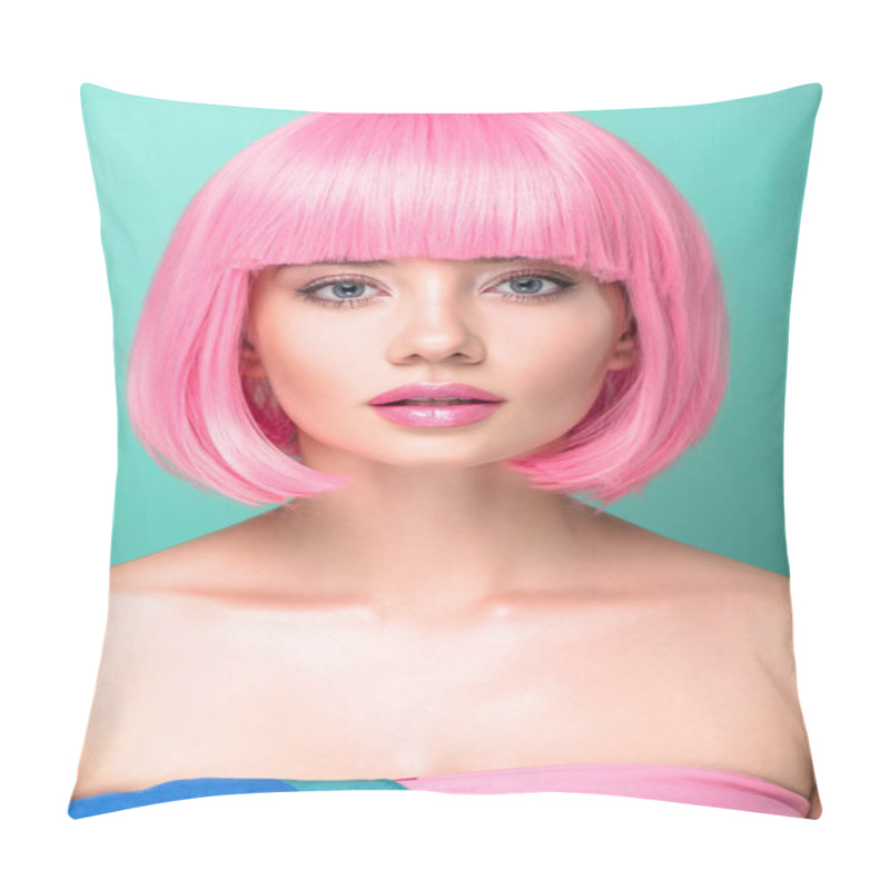 Personality  Close-up Portrait Of Young Woman With Pink Bob Cut And Stylish Makeup Looking At Camera Isolated On Turquoise Pillow Covers