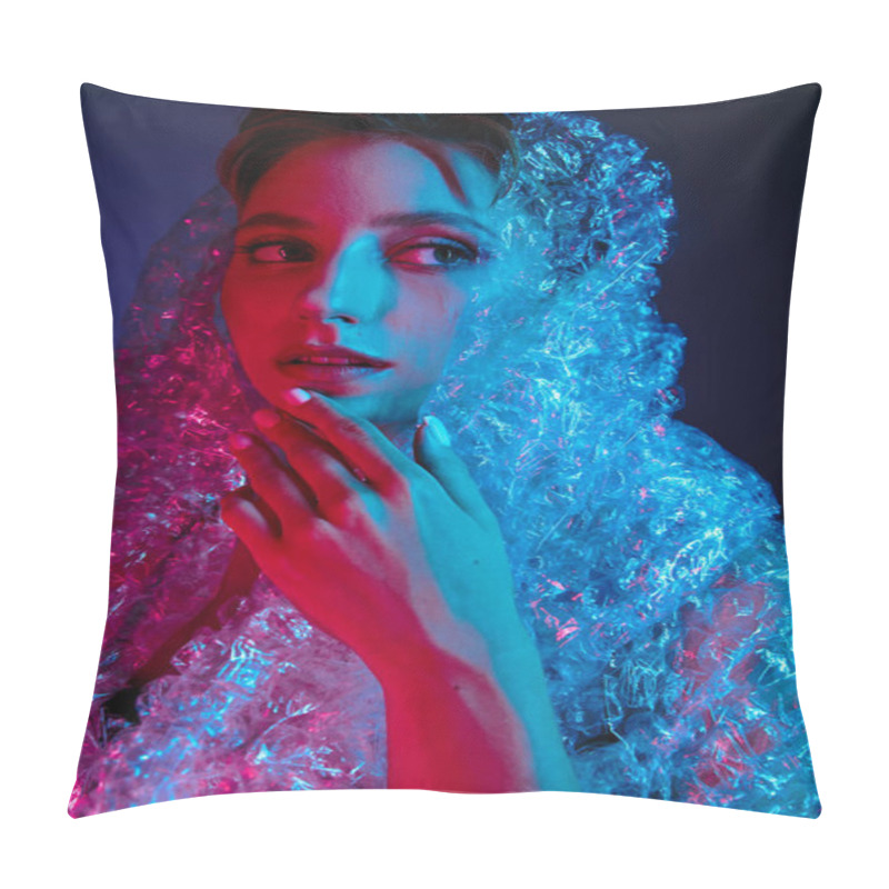 Personality  A Woman's Face Is Illuminated By Red And Blue Light, As She Is Wrapped In Plastic. Pillow Covers