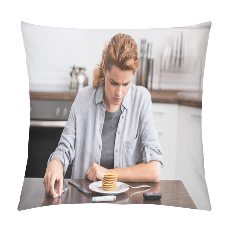 Personality  Woman With Diabetes Looking At Sweet Pancakes  Pillow Covers