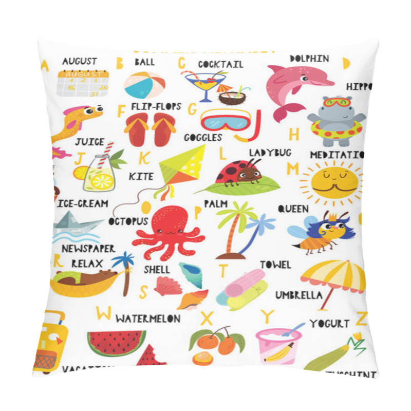 Personality  Stylish Summer Alphabet In Vector. Lovely Animals And Items. Best Abc-poster In A Colorful Style For Children Education And Language Study. Pillow Covers