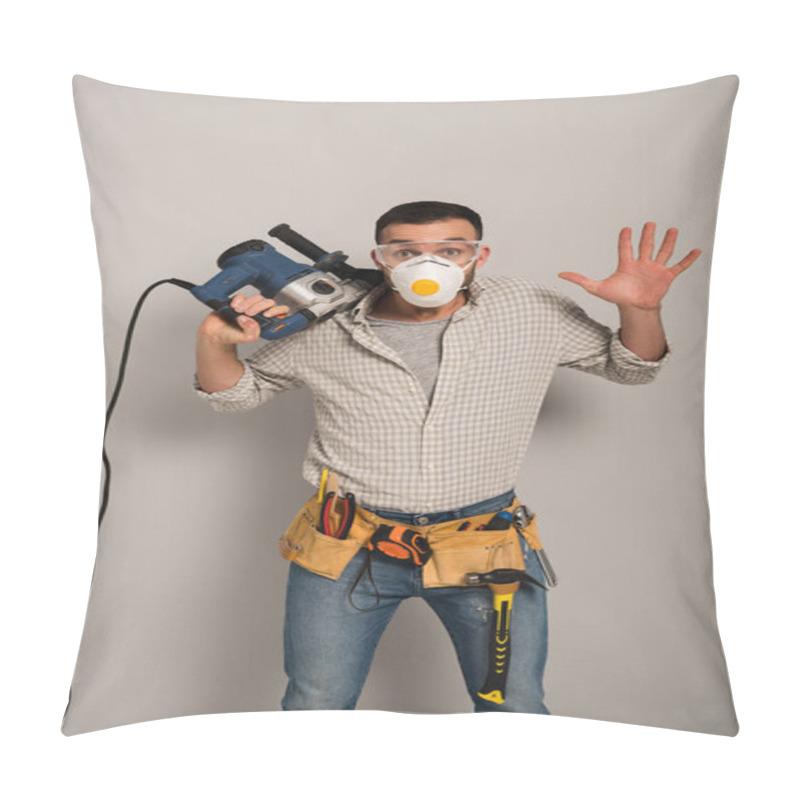 Personality  Emotional Manual Worker In Safety Mask Holding Electric Drill On Grey Pillow Covers