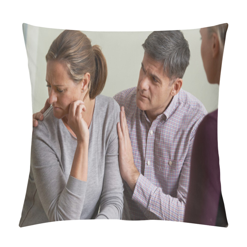 Personality  Mature Couple Talking With Counsellor As Man Comforts Woman Pillow Covers