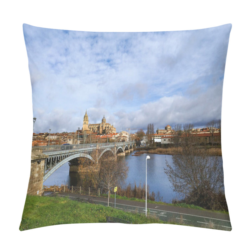 Personality  Salamanca. View Of Salamanca And The Enrique Estevan Bridge From The Dock Viewing Point Over The Tormes River. Traditional Stone Buildings. Salamanca Cathedral. SALAMANCA, SPAIN. 13 JANUARY 2025. Pillow Covers