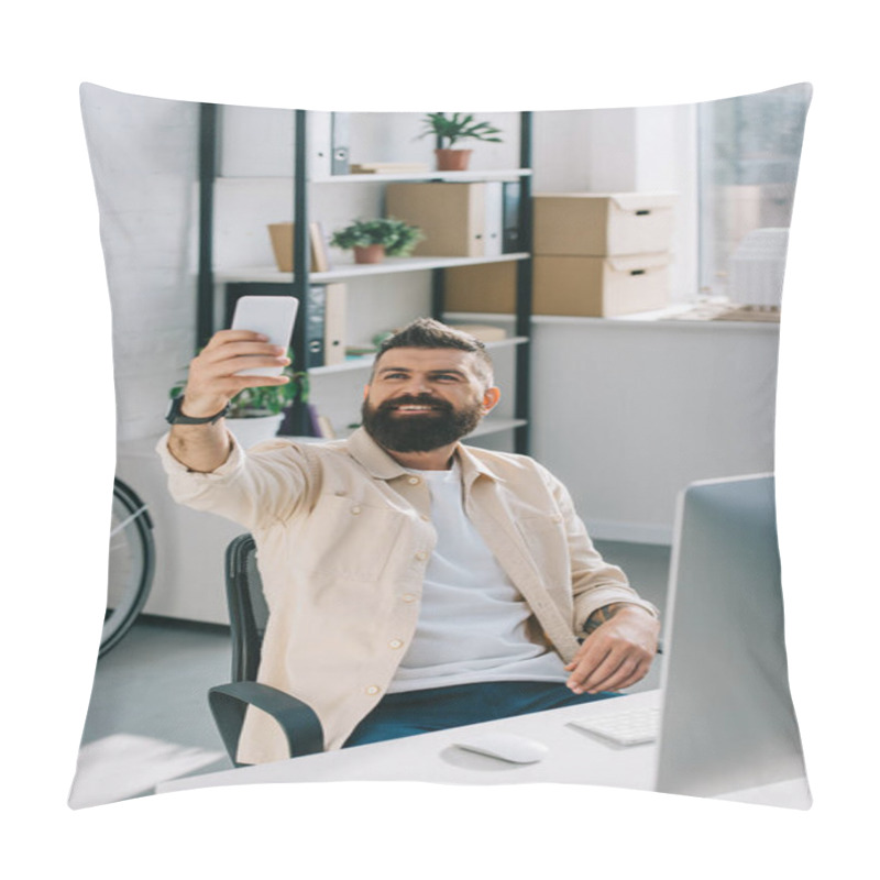 Personality  Smiling Bearded Businessman Taking Selfie While Sitting In Office Chair Pillow Covers