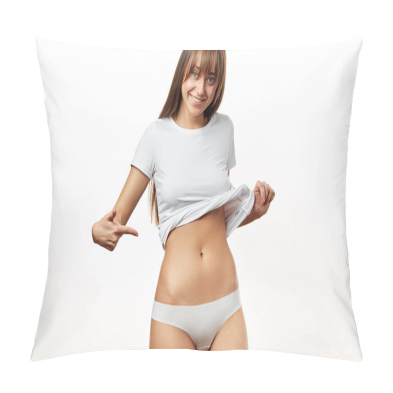 Personality  Beautiful Woman In Underwear Testing Fat Layer On Waist. Pillow Covers