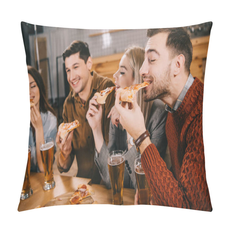 Personality  Selective Focus Of Happy Friends Eating Pizza In Bar Pillow Covers