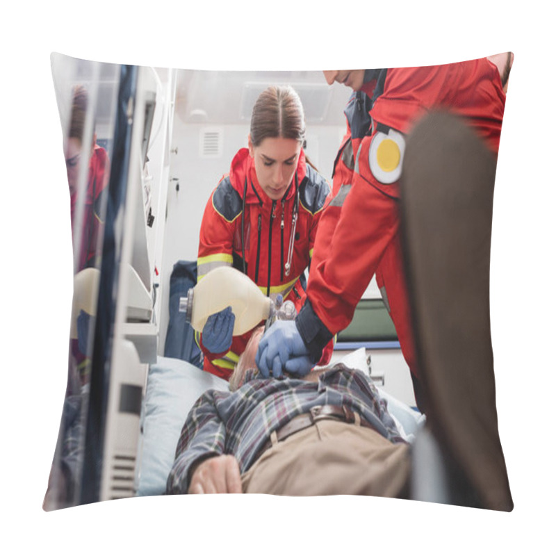 Personality  Selective Focus Of Paramedics In Uniform Doing Cardiopulmonary Resuscitation To Man During First Aid  Pillow Covers