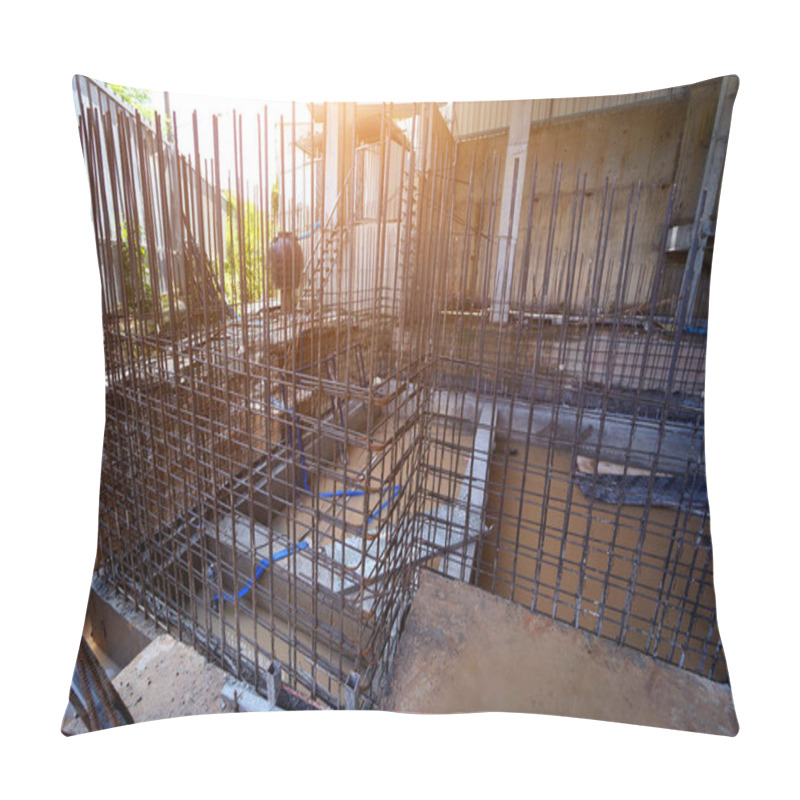 Personality  A Construction Site Displaying A Reinforced Concrete Foundation With Steel Rebar. Pillow Covers