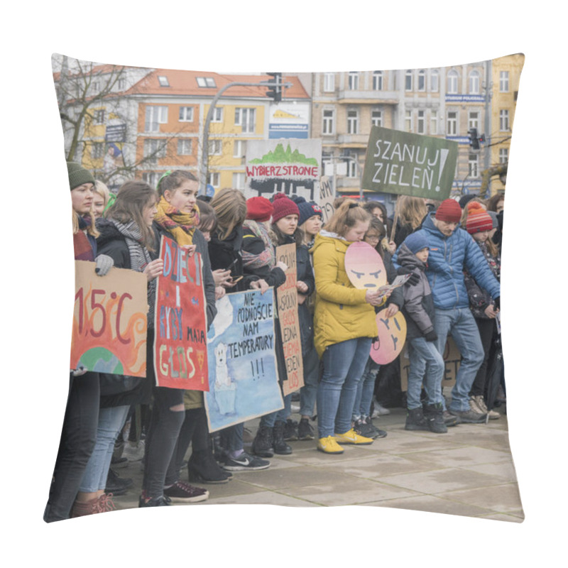 Personality  Szczecin, Poland - March 15, 2019: Students From Poland Protest Climate Inaction During Strike For Climate. Pillow Covers