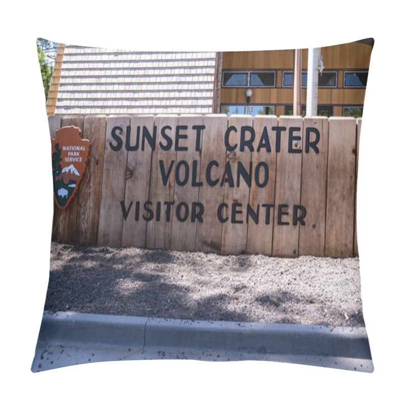 Personality  Arizona, USA - May 11, 2021: Sign For The Sunset Crater Volcano Visitor Center In The National Monument Pillow Covers