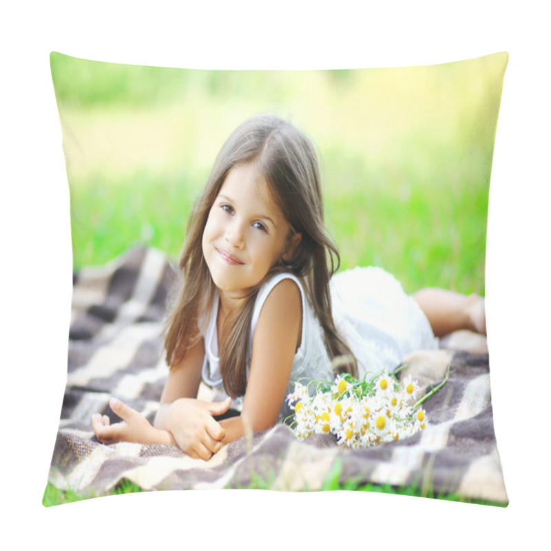 Personality  Portrait Of Beautiful Little Girl Child With Chamomiles Flowers  Pillow Covers