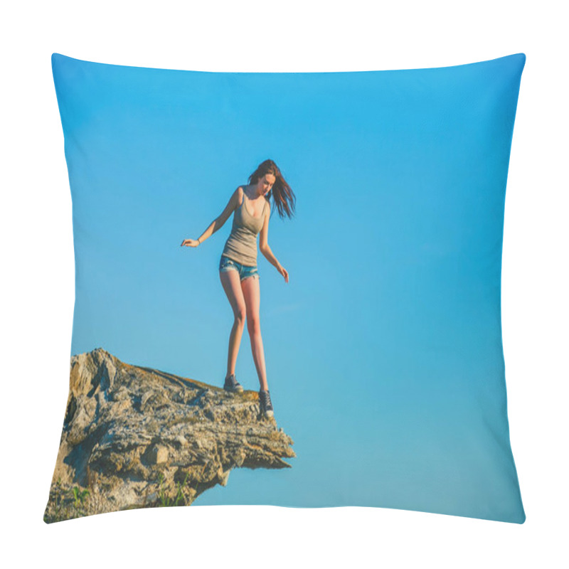 Personality  Acrophobia Woman Tall Stands On Top Of A Rock Cliff Edge And Is Pillow Covers