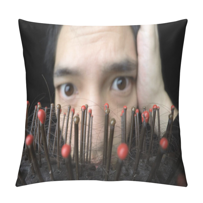 Personality  Close Up Hairloss On Comb. Asian Man With Worry Expression In The Background Pillow Covers