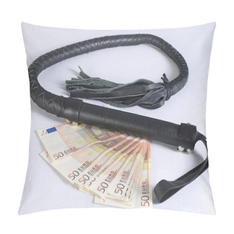 Personality  Black Leather Bullwhip On White Background. Pillow Covers