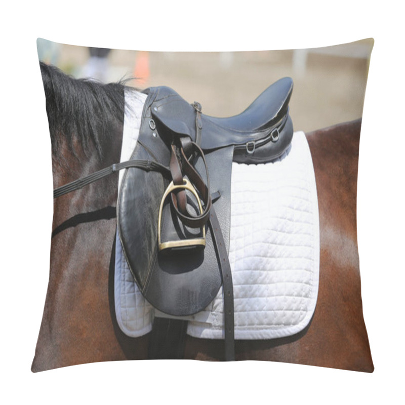 Personality  Closeup Of A Leather Saddle For Equestrian Sport On Horseback Pillow Covers