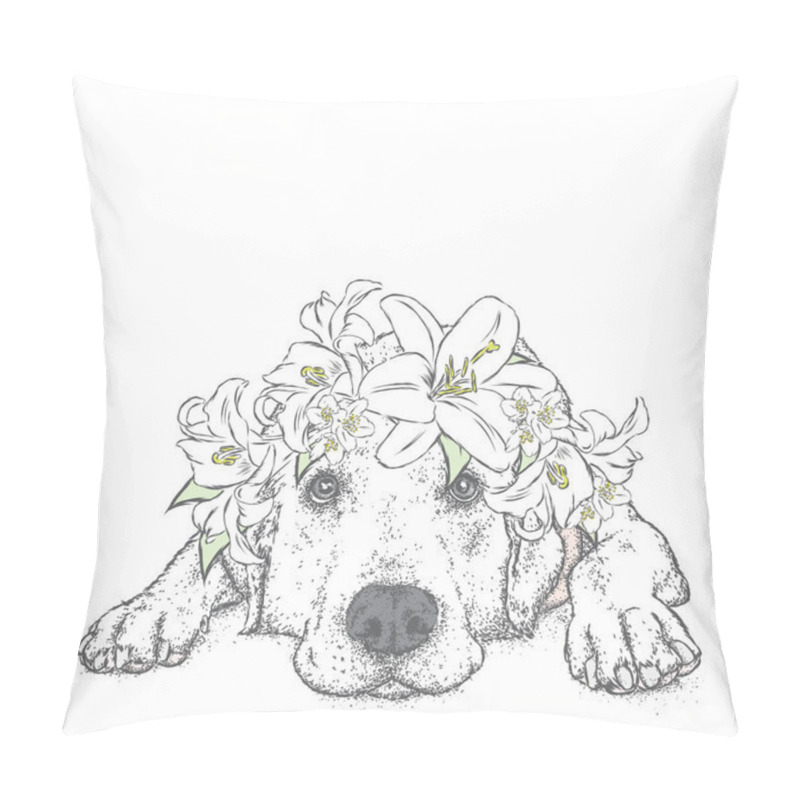 Personality  A Cute Puppy In A Wreath Of Lilies. Vector Illustration. Pedigree Dog. Labrador. Flower Wreath. Pillow Covers