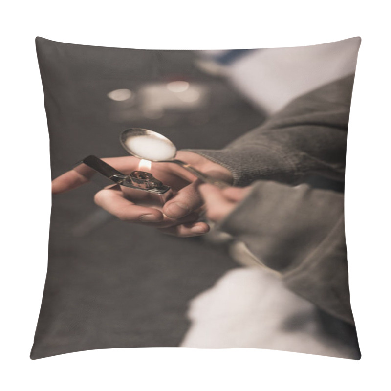 Personality  Selective Focus Of Junkie Man Boiling Heroin In Spoon On Lighter Pillow Covers