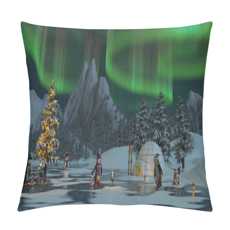 Personality  Penguins Under The Northern Lights At Christmas Time, 3d Render Pillow Covers