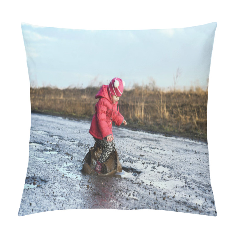 Personality  Little Girl Jumping In Water, Water Splash Flies Around, Unforgettable Moments, Fun With Father, Life In Village. Concept - Get Maximum From Life Pillow Covers