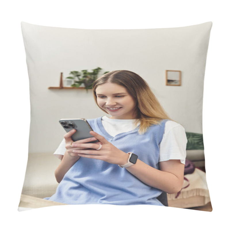 Personality  A Teenage Girl Relaxes In Her Cozy Room, Engaging With Her Smartphone While Smiling. Pillow Covers