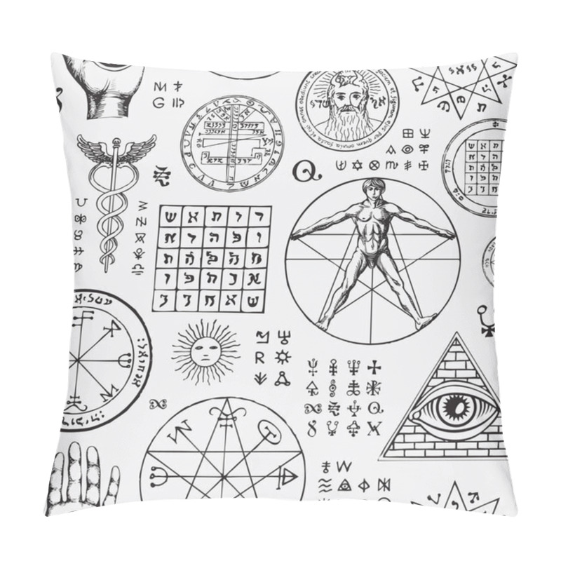 Personality  Abstract Seamless Pattern With Hand-drawn Vitruvian Man, All-seeing Eye, Caduceus, Sun, Moon, Pentacle, Mystic And Esoteric Symbols On A Light Backdrop. Monochrome Vector Background In Retro Style Pillow Covers