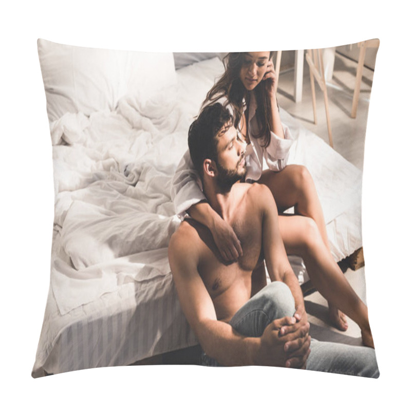 Personality  Shirtless Man Sitting Near Bed While Girl Sitting In Bed And Looking At Guy Pillow Covers