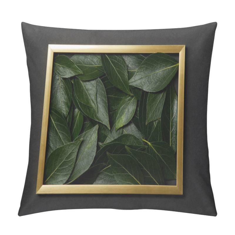 Personality  Top View Of Golden Frame With Green Leaves Inside On Black Background Pillow Covers