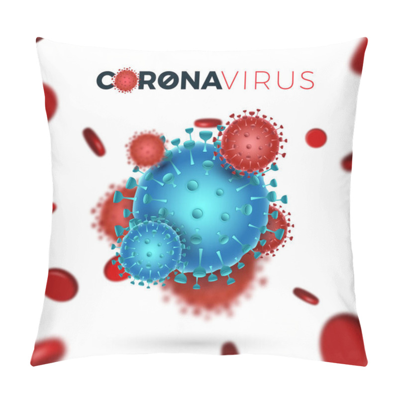 Personality  Coronavirus (2019-nCoV) Card. Virus Covid 19-NCP. Background With Realistic 3d Red And Blue Viral Cells And Red Blood Cells On White Backdrop. Vector Illustration. Pillow Covers