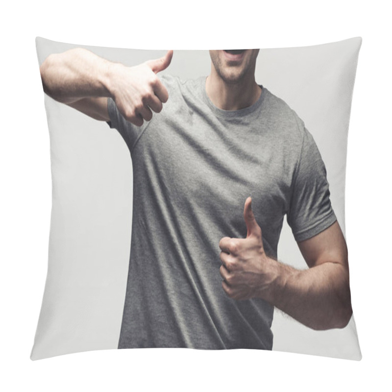 Personality  Partial View Of Young Man Showing Thumbs Up Isolated On Grey, Human Emotion And Expression Concept Pillow Covers