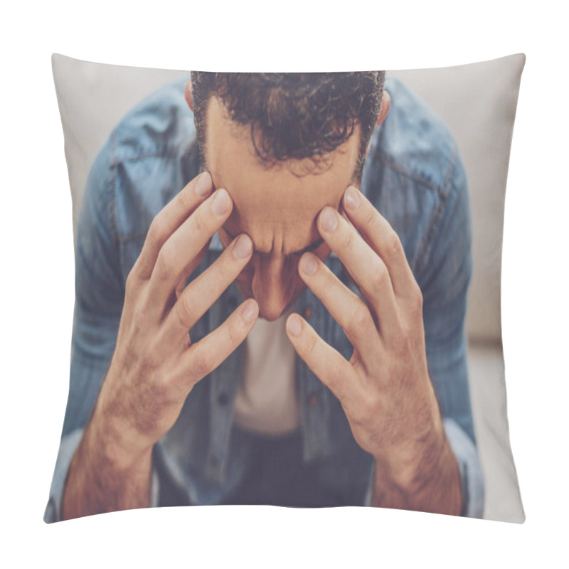 Personality  Close Up Of Male Hands That Touching Head Pillow Covers