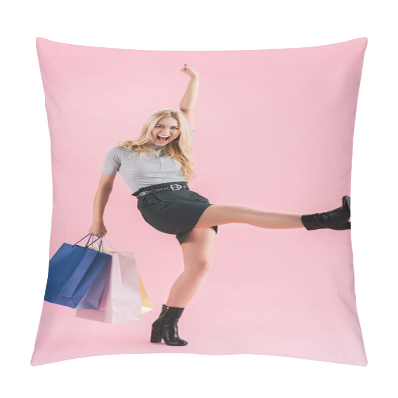 Personality  Cheerful Blonde Girl Dancing With Shopping Bags, Isolated On Pink Pillow Covers