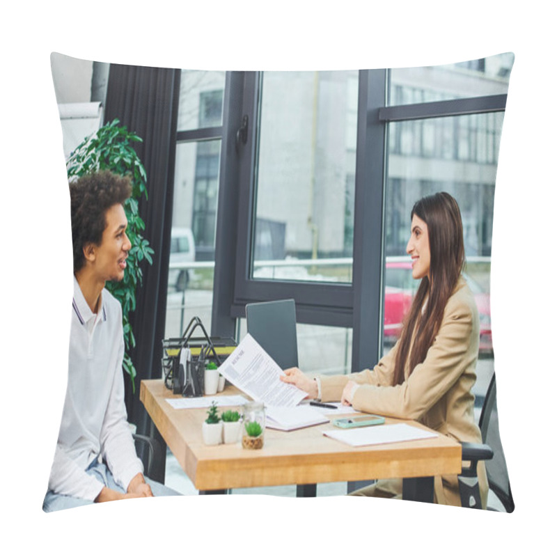 Personality  Professional Man And Woman Discuss At Desk In Modern Office Setting. Pillow Covers