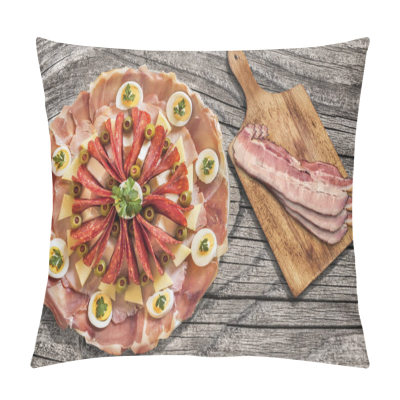 Personality  Appetizer Savory Dish Meze With Bacon Rashers Set On Old Knotted Cracked Wooden Garden Table Pillow Covers