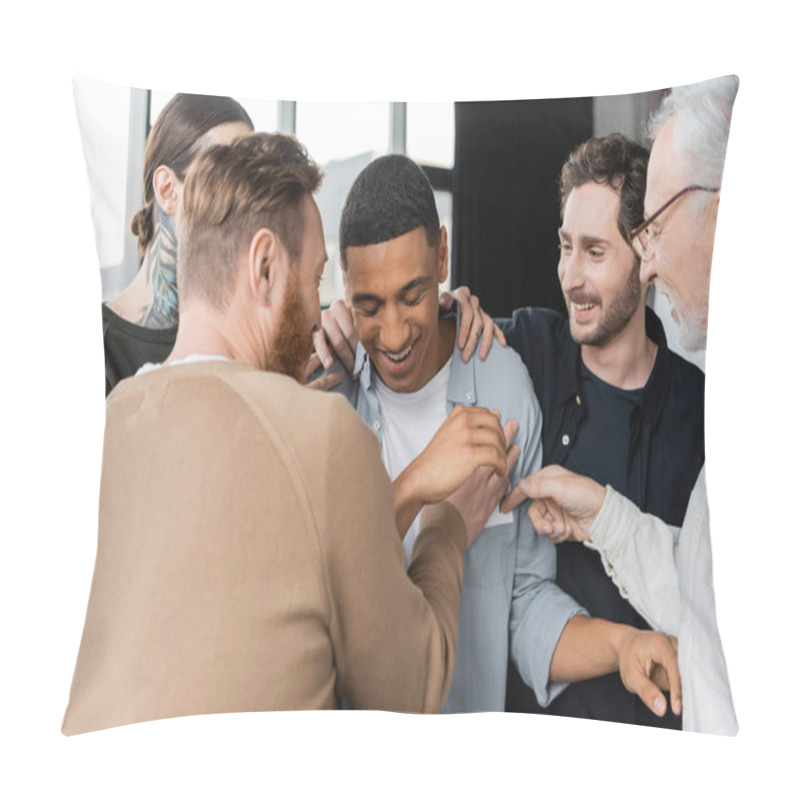 Personality  Positive People Hugging African American Man During Alcoholics Meeting In Rehab Center  Pillow Covers